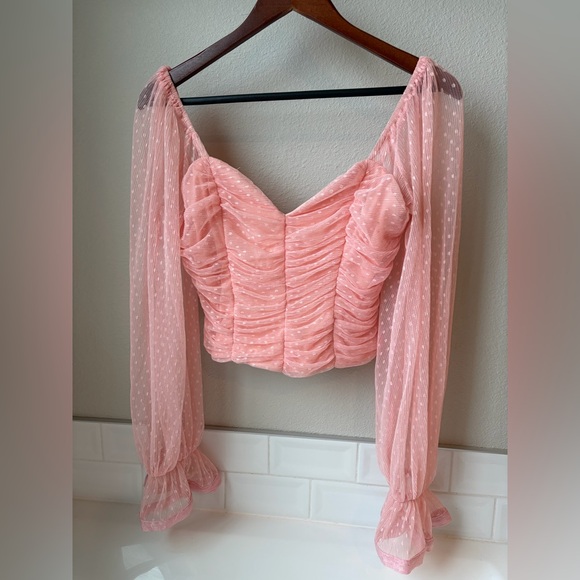 Elegant Pink Ruched Blouse with Sheer Sleeves - Picture 5 of 5